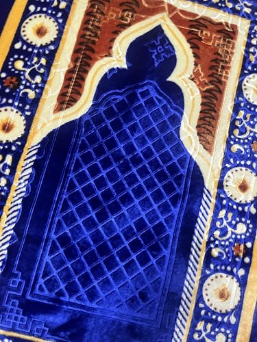 Image of Janamaz Prayer Mat Turkey Soft Velvet | Namaz Mat, Janimaz Namaz Aasan, Islamic Prayer Rug for Salah | 70x110 CM (Printed Blue2)