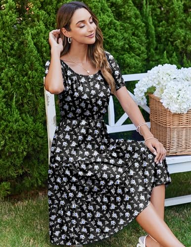 Image of Zeagoo Women's Summer Dress Casual Puff Sleeve Square Neck Midi Dresses Tiered Beach Vacation A-Line Sundress with Pockets