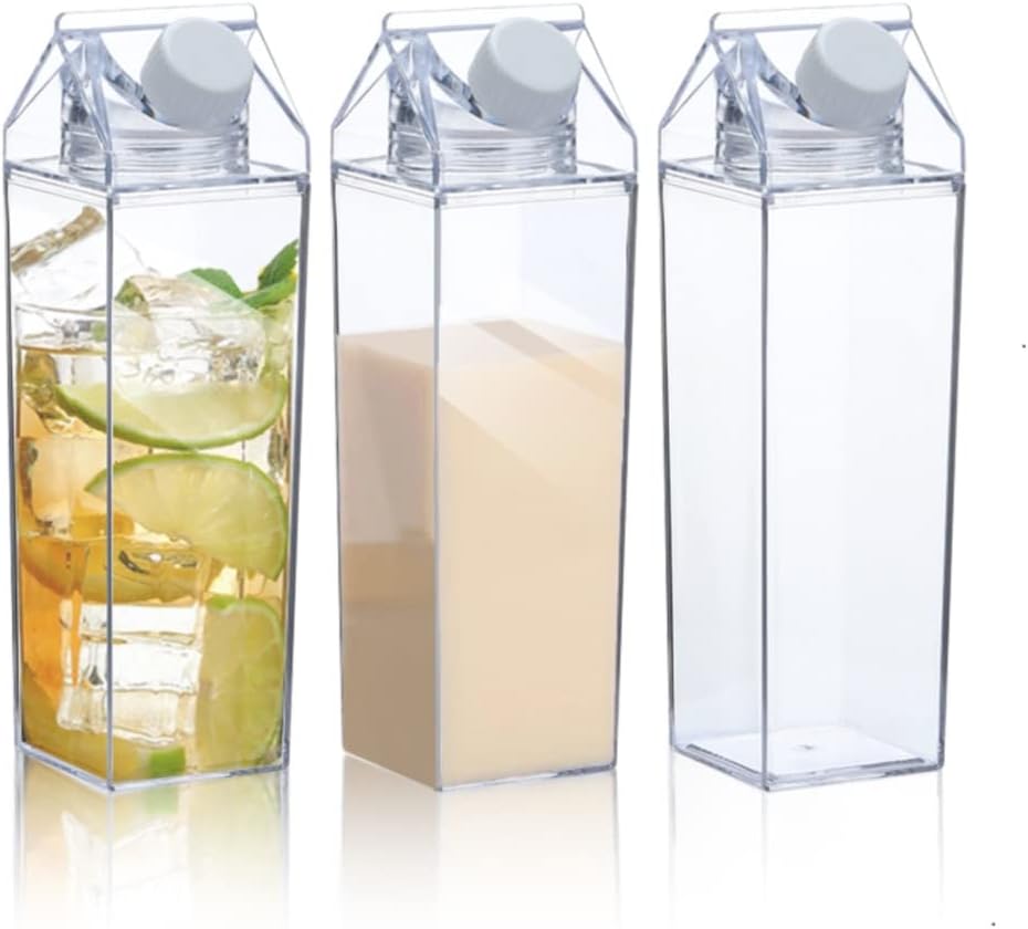 Fanovo 3 Pack Milk Carton Water Bottle Clear Square Milk Bottles Plastic Leakproof Cup (Style 6-3 Pack)