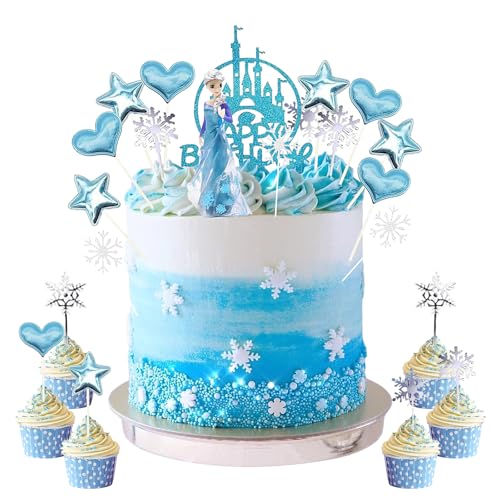 26 Pièces Decoration Gateau, Cake Topper Elsa, Figurine Reine Des Neiges, Flocon de Neige Decoration, Happy Birthday Topper, Cake Topper pour Fournitures de...