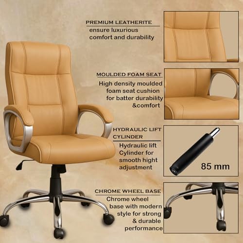 Image of Vista Ergonomic Leatherette Boss Chair for Office | High Back Revolving Chair for Home, Office, Study & Gaming | Height Adjustable Office Chair in Crome Base | 1pc (Khakhi)