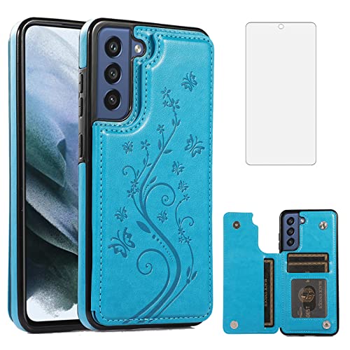Phone Case for Samsung Galaxy S21 FE Gaxaly S 21 FE 5G with Tempered Glass Screen Protector Card Holder Wallet Cover Stand Flip Leather Cell Glaxay S21FE5G UW S21FE 21S G5 Cases Women Men Blue
