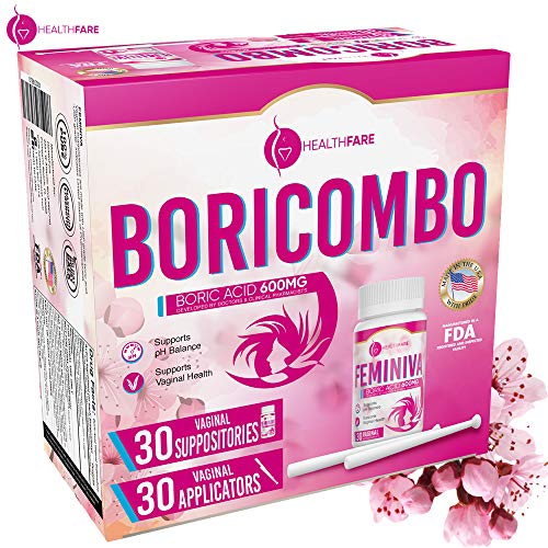 BoriCombo Boric Acid Vaginal Suppositories 600mg 30Count w/ 30 Vaginal Applicators - Feminine Hygiene Kit - pH Balance for Women, Feminine Care - Made in USA