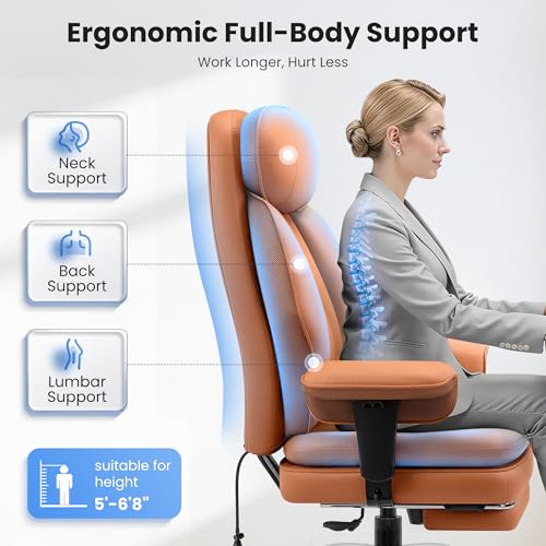 Image of Executive Office Chair with Lumbar Support, Comfortable Computer Desk Chair | Big and Tall Leather Gaming Chair with Double Layer Cushion & Footrest, 400bls Heavy Duty, Home Office Gaming Heavy People