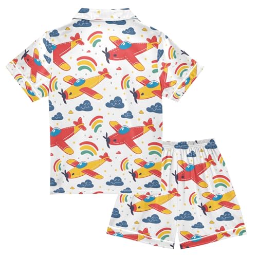 ALAZA Yellow Red Airplane Cartoon Pajamas Satin Pajama Set Short Sleeve Button Down Sleepwear2