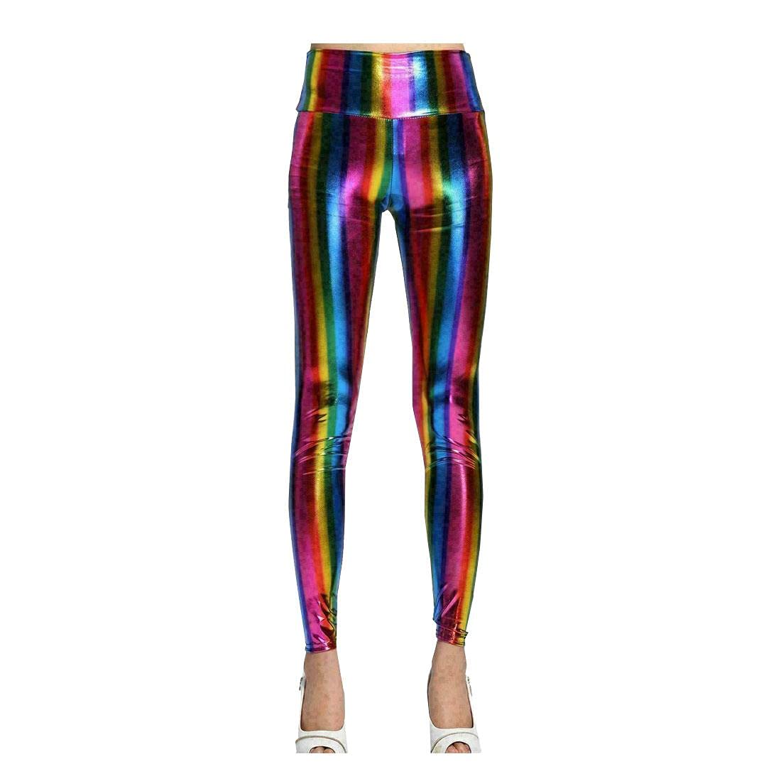 FAIRY BOUTIQUE Womens High Waist Multicolor Wetlook Metallic Legging Ladies Shiny Retro Disco Rainbow Pant