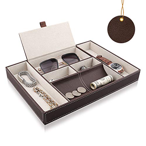 Baoyun Leather Nightstand Organizer for Men , Mens Valet Tray and Dresser Top Caddy for Watch Phone Jewelry Key Wallet 6 Compartments Mens Dresser Organizer Tray(Brown)