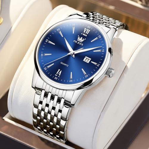Image of OLEVS Mens Watch Stainless Steel Analog Quartz Watches for Men Day Date Easy Read Diamond Waterproof Dress Luxury Classic Casual Big Face Blue /Black /Gold /Silver Roman Arabic Numerals Men's Wrist Watch