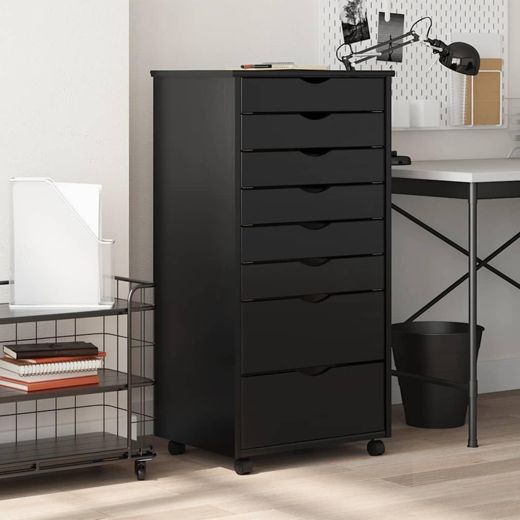 vidaXL Rollschrank mit Schubladen Moss Schwarz Massivholz Kiefer, Kommode, Schubladenschrank, Schreibtischschrank, Aktenschrank, Büroschrank