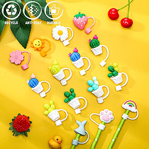 Image of 16 Pieces Silicone Straw Tips Covers Reusable Drinking Straw Tips Lids Anti-dust Silicone Straw Caps for 7-8 mm Straws Airtight Seal Splash Proof Straw Tips Covers (Cactus Flower Style)