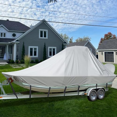 Mionovity Wake Tower Boat Cover, 900D+600D Heavy Duty Waterproof Boat Cover with Tower, Fits V Hull Boat with Ski/Wakeboard Tower 23-25ft, Gray