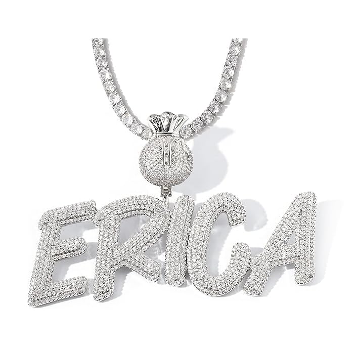 Iced Out Custom Chain Initial Name Necklace, Hip Hop Jewelry 14k Gold Silver Handmade nameplate with 4mm Tennis Chain, Personalized Stainless Steel Cuban Link necklace For Man and Woman (Silver)