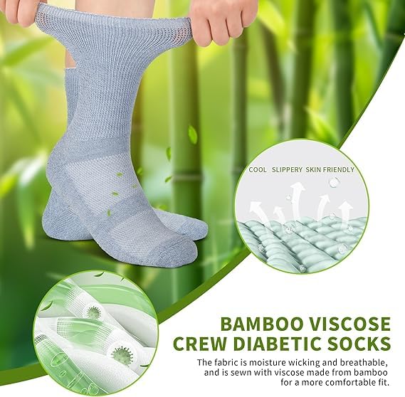 Image of Revosoxs Diabetic Crew Socks for Men Women,Bamboo Viscose Non-Binding Loose Top Wide Socks with Seamless Toe 9-12 10-13
