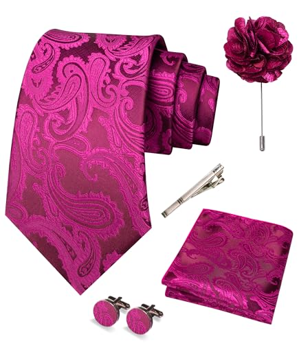 JEMYGINS Mens Hot Pink Paisley Tie Necktie and Pocket Square with Lapel Pin Cufflinks Tie Clip Sets 5PCS(2)