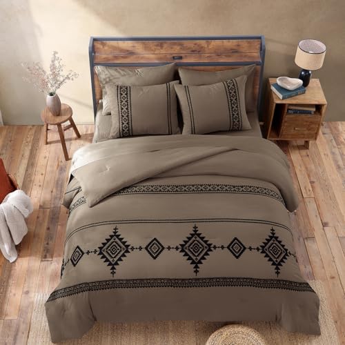 Image of MaiReve Embroidery Queen Comforter Set 7 Pieces Taupe Grey Bed in a Bag