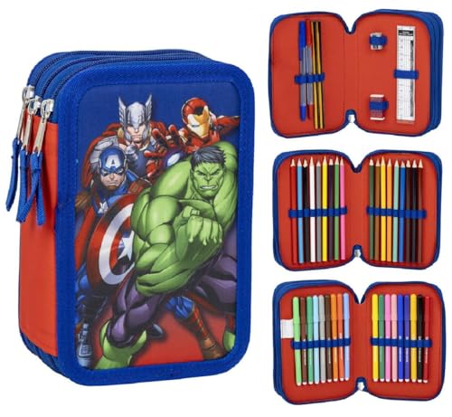 CARTOON Astuccio tre scomparti Avengers Marvel astuccio 3 zip multiscomparto per la scuola completo 44 pezzi penne matite colori pennarelli