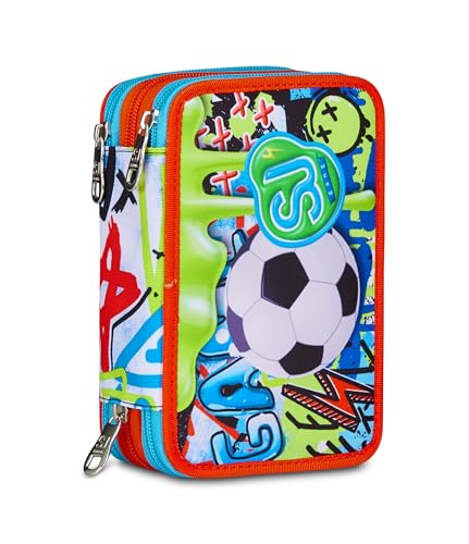 SJ GANG STYLE JAM GANG Astuccio Scuola 3 Zip, Blu, Portapenne Triplo Scomparto Completo Di Penne, Matite, Colori, Accessori Zaino, Scuole Elementari, Bambino