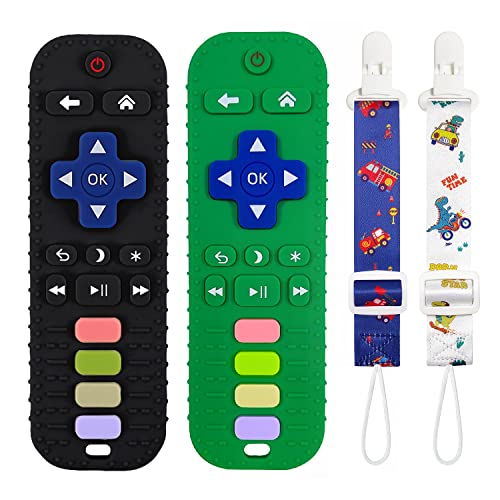 Image of Andywoo 2 Pack Teething Toys for Babies 0-6 Months 6-12 Months, Baby Teething Remote Control Teether Toys, Baby Teether Toys for Boys and Girls, Silicone Sensory Baby Teethers Toys - Black + Green