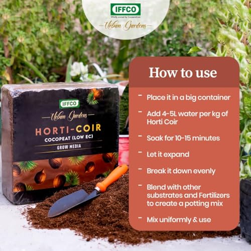 Image of IFFCO Urban Gardens - Cocopeat 2kg Expand Upto 75 litres - Low EC Cocopeat Block for Plants & Home Garden - Export Quality Natural Coconut Coir Fibre with Neutral pH.
