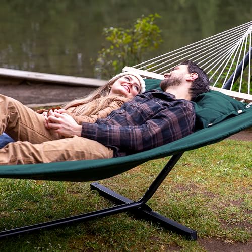 Image of SUNCREAT Hammocks Extra Large Double Hammock with 12 ft Stand for Outside, 475lbs Capacity, Outdoor Portable Hammock with Hardwood Spreader Bar, Extra Large Pillow, Dark Green