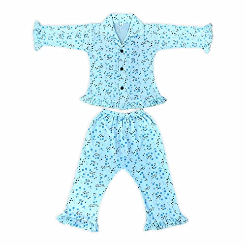 Image of superminis Hosiery Cotton Night Suit with Frill - Full Sleeves, Collared Neck, Sleep Wear for Girls, Kids