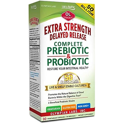 Olympian Labs Extra Strength Complete Prebiotic and Probiotic Supplement - 50 Billion Live Shelf Stable Cultures - 30 Vegetarian Capsules Cover