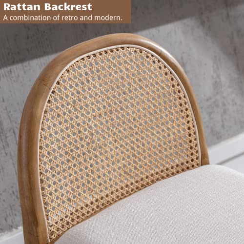 HEAH-YO Modern Bar Stools Set of 2, 30 Inches Counter Height Bar Stools with Rattan Backrests and Wood Legs, Comfy Linen Fabric Kitchen Stools for Island, Beige