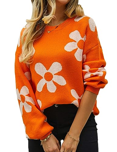 Yimoon Women's Cute Flower Sweater Oversized Crewneck Cable Knit Pullover Top Long Sleeve Aesthetic Sweater