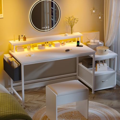 Image of EnHomee 56.5 inch Office Desk with Drawers & Printer Space for Home Work,White | Computer Desk with 3 AC Outlets& 2 USB Ports,40 inch*7 inch Long Monitor Stand,Side Pockets with Storage Space,Home Office,Bedroom