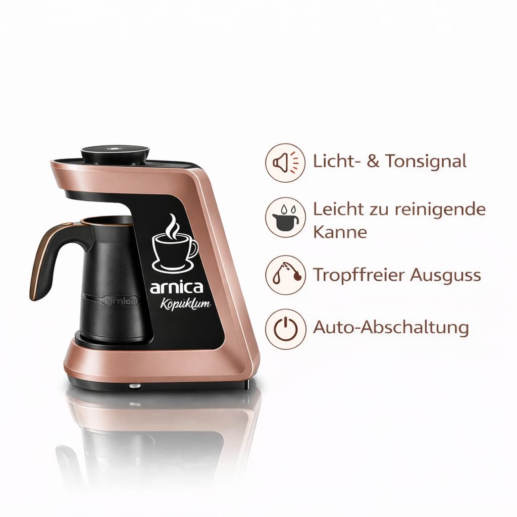 arnica Köpüklü - Türkische Mokka Kaffeemaschine Rose - 650W Edelstahl Kaffeekocher für Türkischen Kaffee - 4 Tassen 300ml - Überlaufschutz Ein-Klick-Bedienung