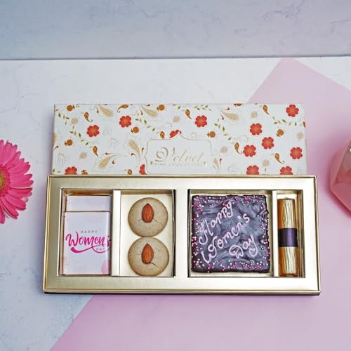Image of Velvet Fine Chocolates Gift Hamper Woman's day confections-2 chocolate bars, 2 nankhatai, chocolate brownie (80 gms), 1 fruit and nut chocolate log