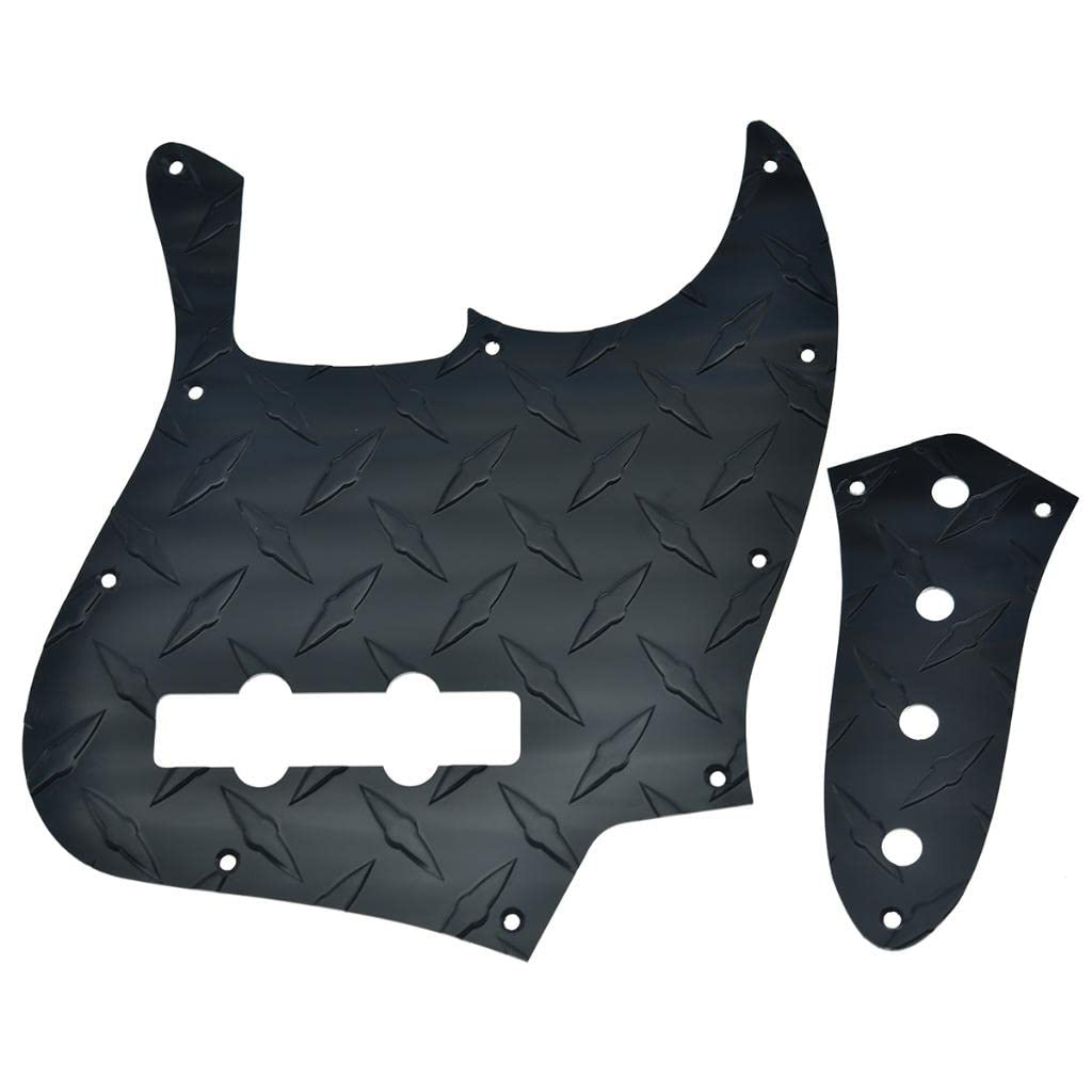 KAISH Diamond Plate 4 String Jazz J Bass Pickguard with Metal Aluminum JB Control Plate and Screws for American/Mexican FD Jazz Bass Black