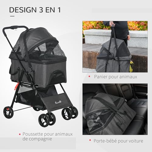 PawHut 3 in 1 Hundebuggy Buggy Faltbarer Tierbuggy 4 Räder Transportkorb mit abnehmbarem Griff, Kissen, verstellbares Vordach, Oxford-Stoff, Grau