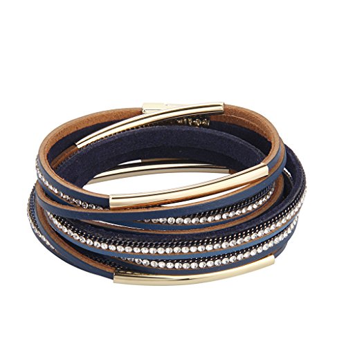 TASBERN Layered Leather Bracelet for Women - Crystals Metal Tube Wrap Around Bracelets- with Magnetic Clasp Jewelry Navy Blue