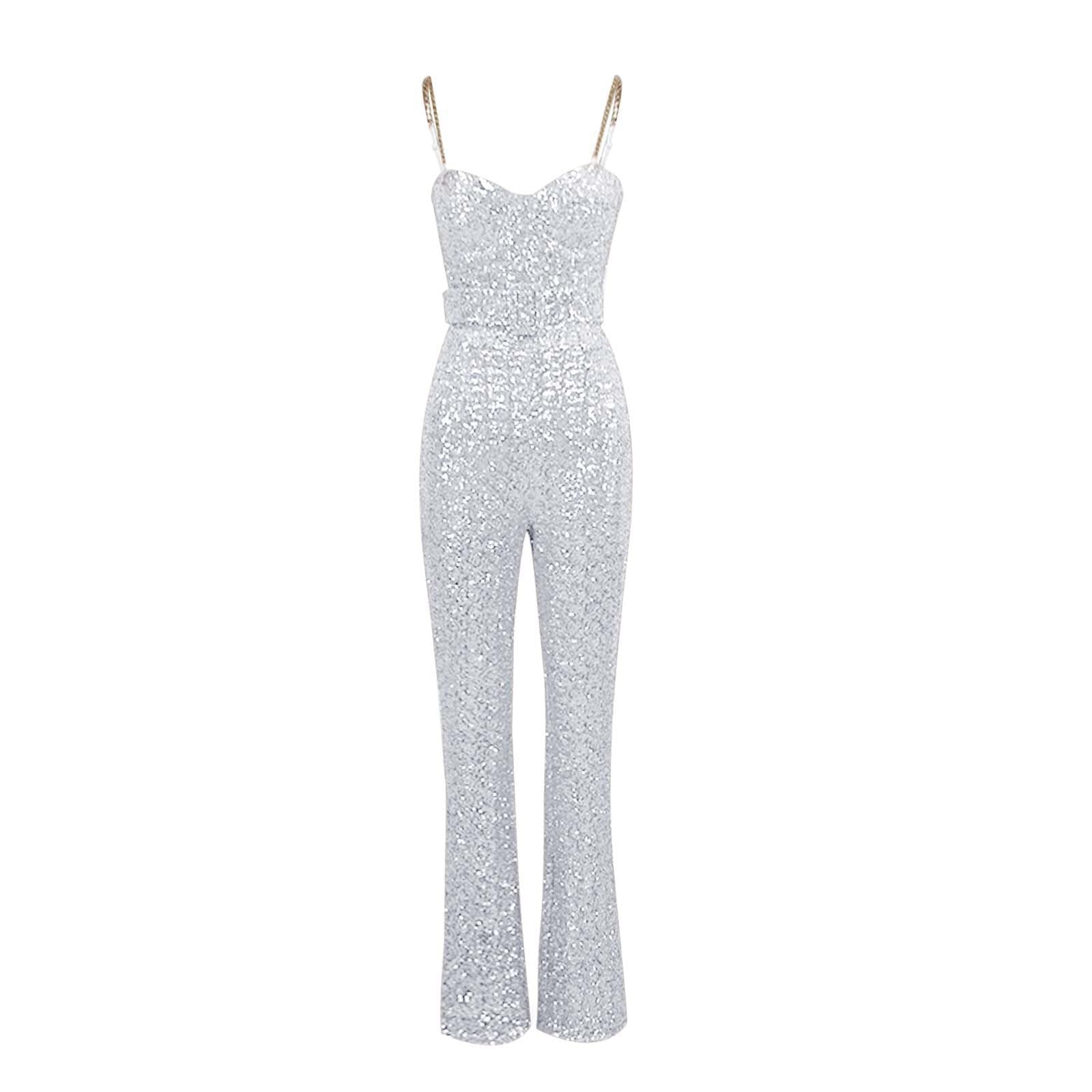 Pailletten Overall Damen Rückenfrei Bodysuit Sexy Stringbody mit Gürtel Weites Bein Strampler Elegant Einteiler Casual Body Bequemer Onesie Party Outfit