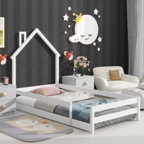 Base de cama individual para niños, cama Montessori de tamaño individual con cabecera y barandillas en forma de casa, camas de madera de tamaño