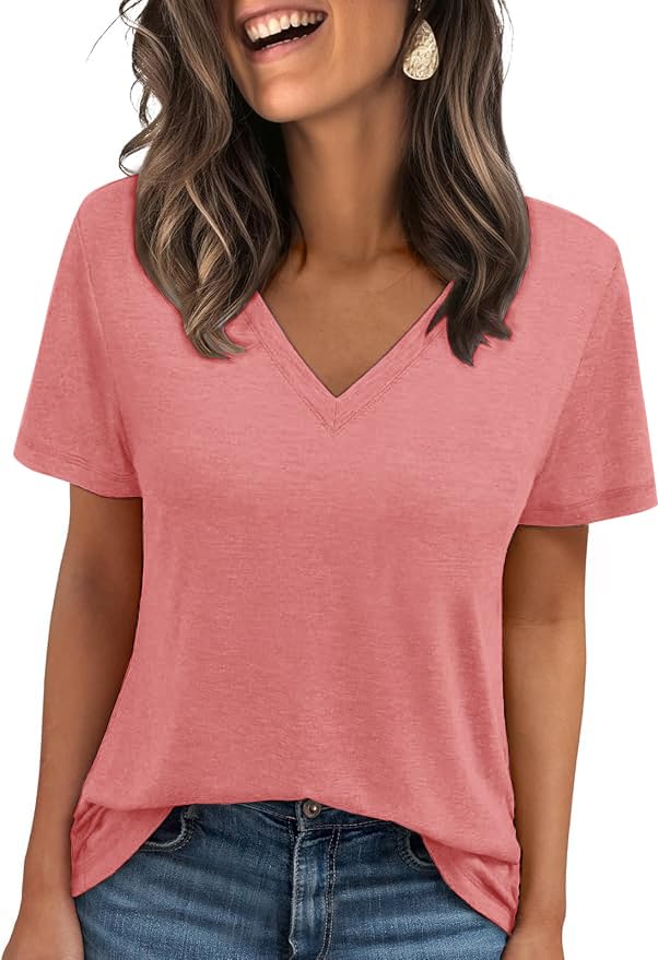 Cuptacc T-Shirts Für Damen Tshirt Damen Sommer Kurzarm V-Ausschnitt Oberteile Einfarbig Lässig Top Rosa XXL 50-52