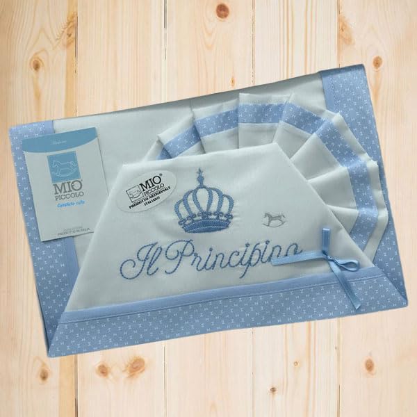 Moda Egidio Set Lenzuola Neonato Mio Piccolo Culla/Carrozzina Ricamo Pricipino O Principessa (CIELO)
