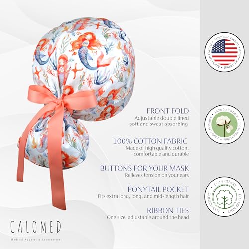 Image of Scrub Cap for Women and Men, Ponytail Scrub Caps, Working Hat, Head Cover with Ribbon Ties and Buttons, Long Hair