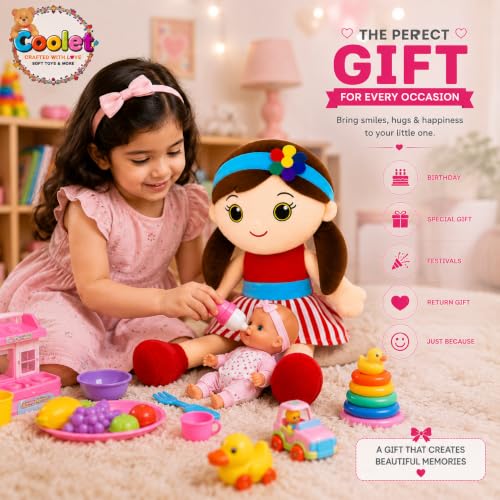 Image of Soft Plush Doll for Kids | Cute Rag Doll with Braided Hair & Cap | Washable Stuffed Toy for Girls & Boys | Birthday Gift for Kids (Multicolor) (red)