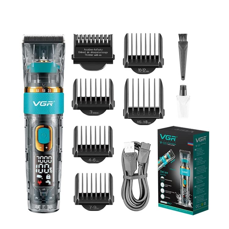 VGR V-695 Professional Hair Clipper with Ceramic & Powder Metallurgic Blade 5 Guide Comb Zoom Wheel Adjustments for close cut trimming IPX 7 Waterproof 3 motor speeds 5000 to 7000 RPM Runtime 300 min