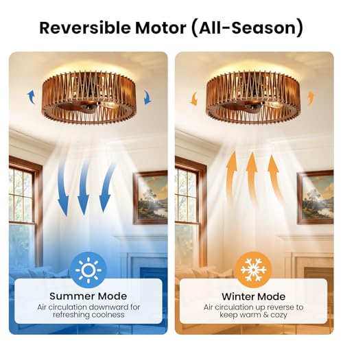 Image of 20 inch Flush Mount Caged Ceiling Fan with Light, Farmhouse Low Profile Ceiling Fan with Remote, Wooden Fandelier 6 Speed Quiet DC Motor, Reversible Chandelier Ceiling Fan for Bedroom Kitchen Living Room