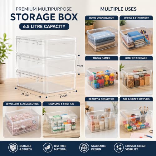Image of Plastic Storage Boxes Pack of 3 - Transparent Lockable Containers for Jewellery, Medicines, Toys & Home Essentials - 6500 ML Large Capacity (33x21x9 cm, Size No. 99)