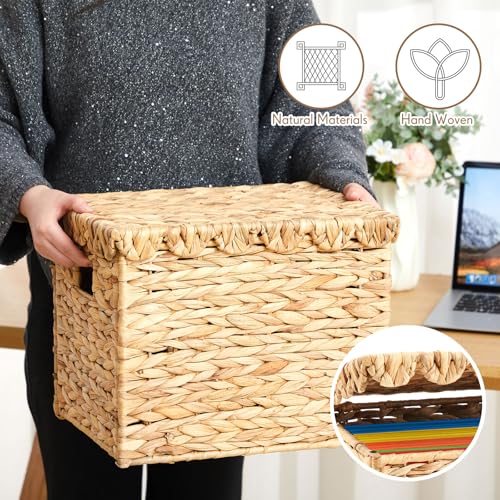 Image of Jingmore File Organizer Box with Scalloped Lid, Water Hyacinth, Brown | Portable Storage Box Collapsible Letter Hanging Filing Organizer Basket for Office /home, Woven Wicker Decorative Document Box