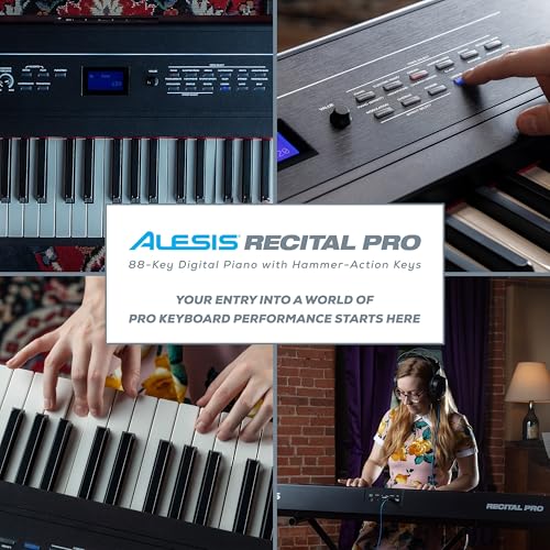 Alesis Recital Pro - 88 Key Digital Piano Keyboard with Hammer Action Weighted Keys, 2x20W Speakers, 12 Voices, Record and Lesson Mode, FX and Display