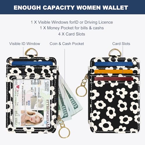 Image of Slim Wallet Credit Card Holder, Black and White Flowers, RFID Wallet Women Cute Small Front Pocket Wallet With Zipper, PU Leather Thin travel RFID Blocking Card Case ID Window,Ladies Gifts