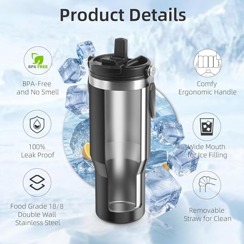 Image of MaxSip 890ml Car & Desk Mug | Double Action Lid - Flip Top & Straw | Stainless Steel 304 | Vacuum Insulated Tumbler | Black Travel Mug (Dual lid)