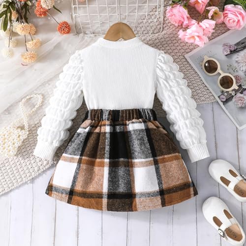 Image of Noubeau Toddler Girls Plaid Outfits Girls Puff Sleeve Knit Ribbed Shirt Tops Plaid Skirt Set Kids Fall Winter Clothes