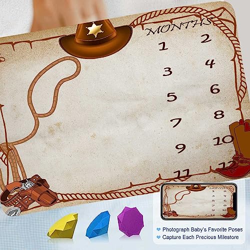 Image of Western Cowboy Monthly Milestone Blanket Hat Boots Decor | 48x40in cotton Monthly Milestone Blanket, cowboy hat boot pattern & matching butterfly frames for growth recording