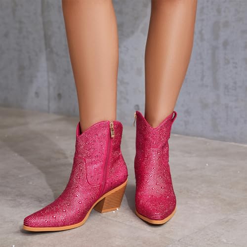 Image of MISSMILLER Rhinestone Boots for Women Sparkly Cowgirl Boots Pointed Toe Chunky Heels Rhinestone Cowboy Boots